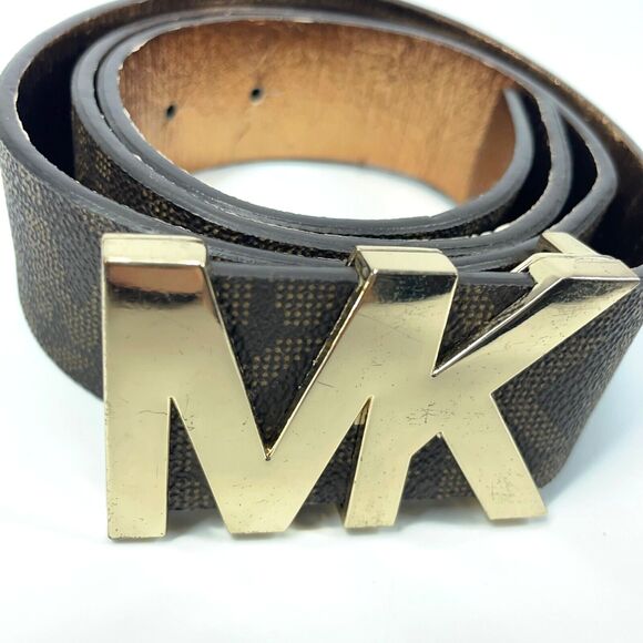 Michael Kors Gold MK Buckle Dark Brown Monogram Letters Belt 42\